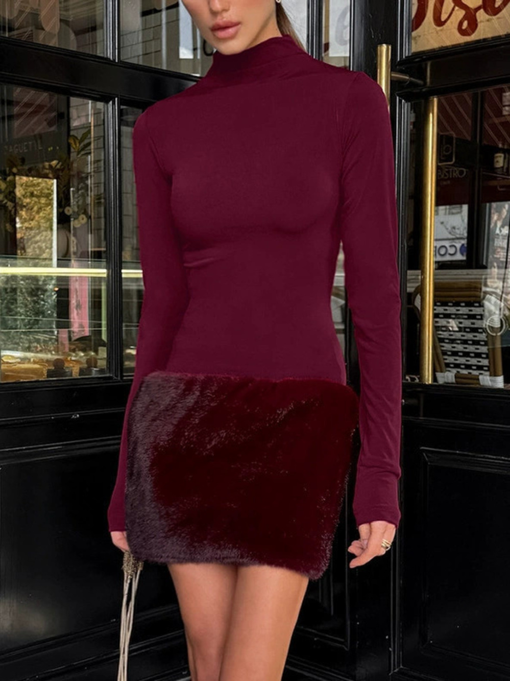 Forever 21 Wine Red Faux Fur Patchwork High Neck Long Sleeve Bodycon Dress